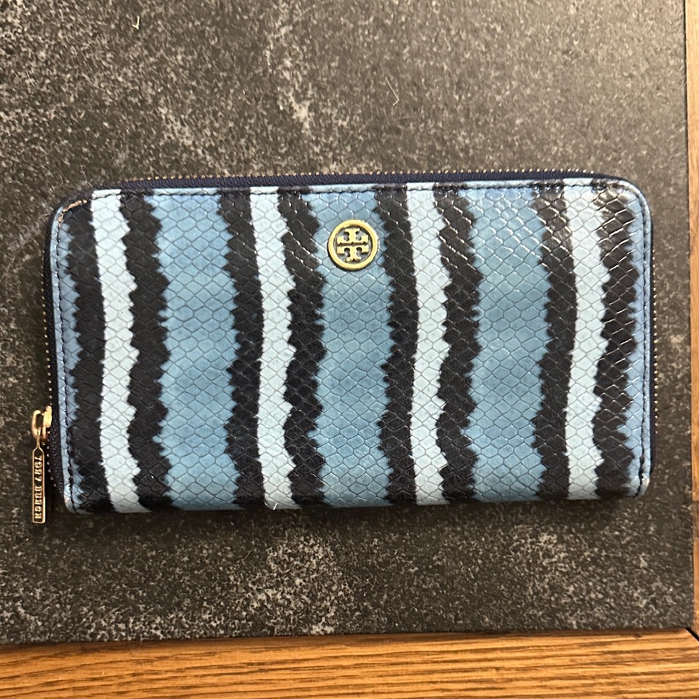 Tory Burch Blue and Black Striped Wallet
